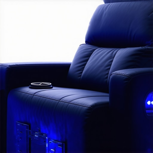 Close-up of a well-maintained leather theater chair with LED accents