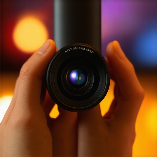 Cleaning a professional home theater projector lens with a microfiber cloth and cleaning solution.