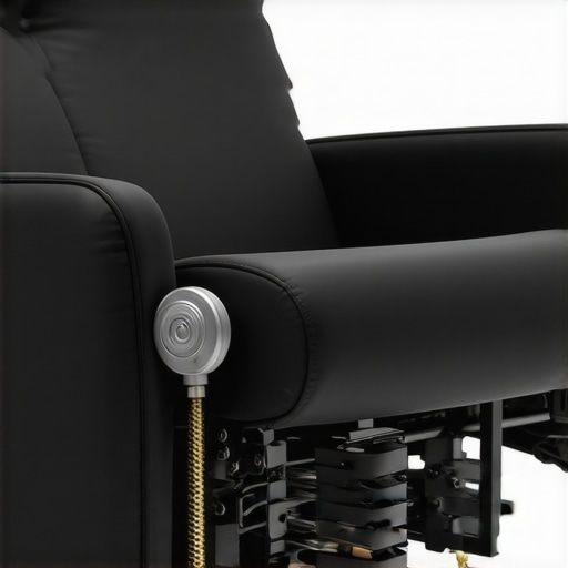 Maintaining Theater Seat Recliner Mechanics A person applying maintenance spray to the metal reclining frame of a home theater chair.
