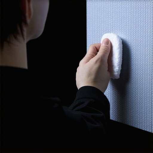 A person cleaning a home theater projection screen with a soft brush to remove dust.