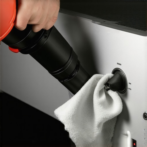 Cleaning dust from a brushed aluminum AV receiver using a microfiber cloth and air blower.
