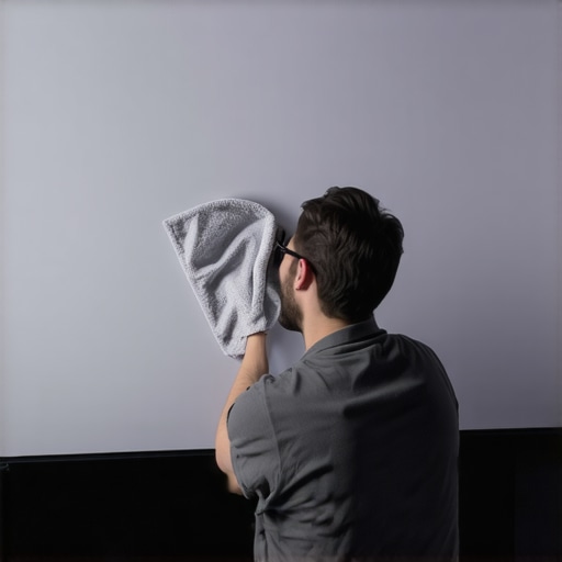 A person carefully cleaning a gray projector screen with a microfiber cloth to maintain optical quality.