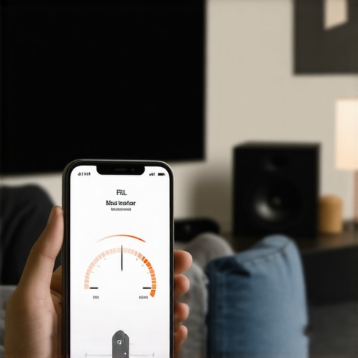 A person using a sound pressure level meter app to calibrate home theater surround speakers.