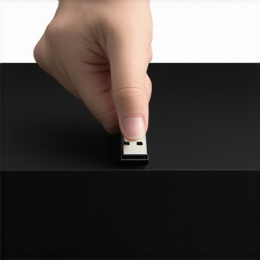 A hand inserting a USB flash drive into a soundbar to fix a failed firmware update.