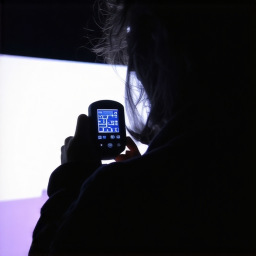 An enthusiast measuring the light levels in a dark home theater using a handheld lux meter.