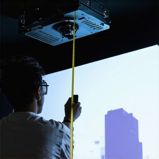 Man measuring projector to screen distance to fix blurry edges