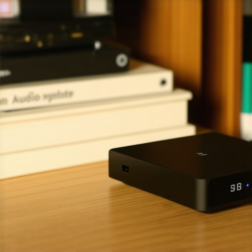 A professional wireless audio transmitter placed on an open wooden shelf to avoid signal interference.