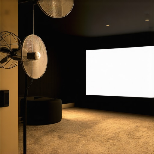 Optimal fan placement for projector screen ventilation Two fans blowing air across an extended projector screen to remove chemical odors.