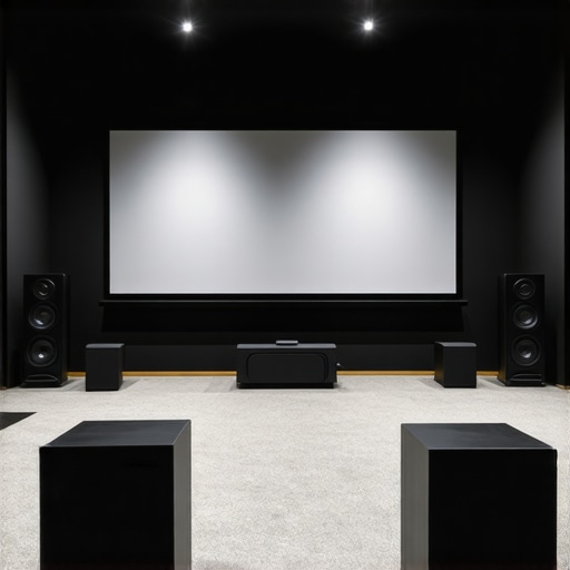 A high-end home cinema room with dual subwoofers and professional acoustic treatments for better sound distribution.