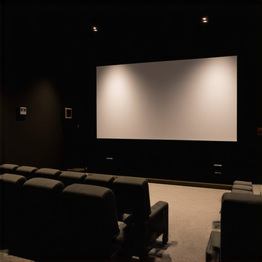 A dark home theater room with matte walls and a high-contrast projection screen showing a vibrant movie scene.