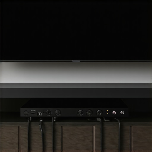 Optimized Home Theater Soundbar Setup A modern soundbar positioned neatly under a TV screen inside a well-ventilated media center