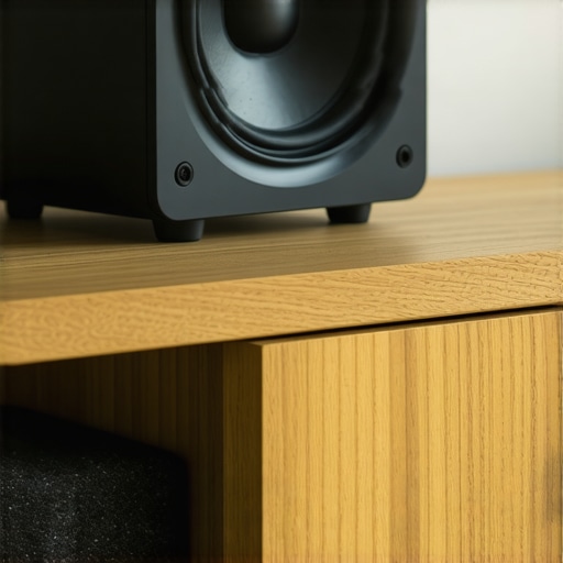 Optimized center channel placement with acoustic wedges A center channel speaker positioned at the edge of a cabinet and tilted upward for better dialogue clarity.