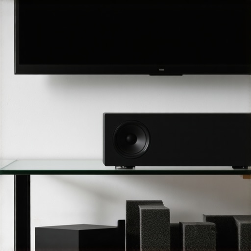 A center channel speaker isolated on a glass shelf with acoustic decoupling pads to improve sound timing.