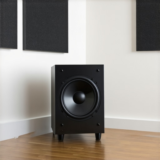 A small black subwoofer positioned in a room corner to maximize bass output through corner loading.