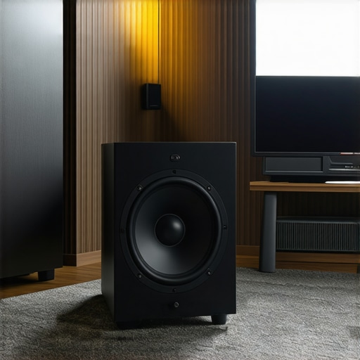 Optimizing Subwoofer Placement for Better Bass A subwoofer placed away from a corner to avoid boomy bass in a home theater room.