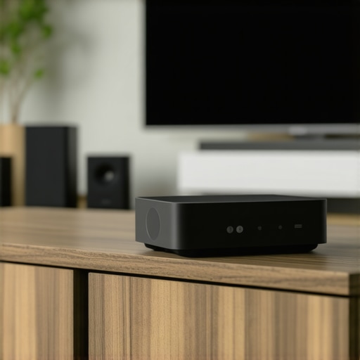 A wireless audio transmitter elevated on a media cabinet for better signal line of sight.