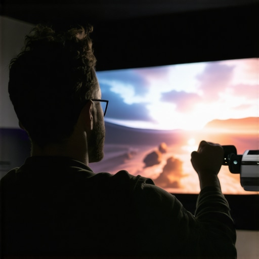 A home cinema enthusiast adjusting a high-end laser projector in a dark room with a matte white screen.
