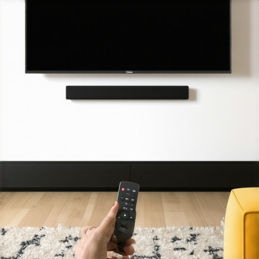 Optimizing soundbar placement for dialogue clarity A soundbar mounted on a wall below a TV to improve audio clarity and reduce reflections.