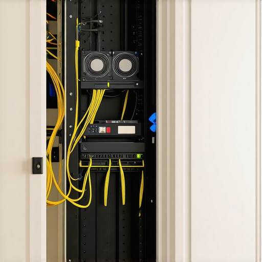 Close-up of a neatly wired home theater equipment rack in a ventilated closet.