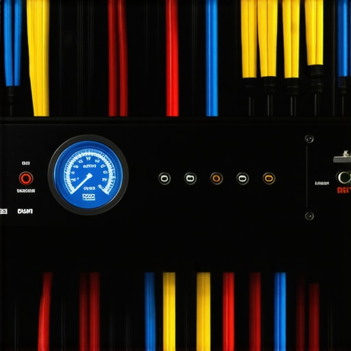 Close up of organized home theater cables and a digital hygrometer.