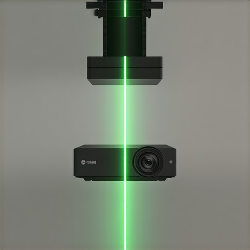 Adjusting a ceiling mounted projector using a green laser level for perfect horizontal alignment.