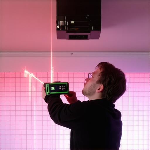 A laser level aligning a home cinema projector mount to correct image slant.