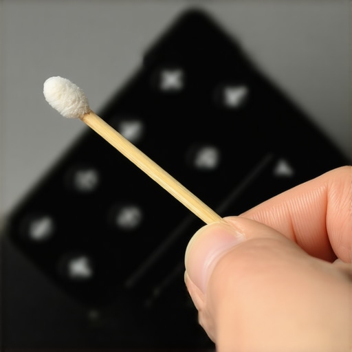 Using a toothpick and alcohol to remove sticky residue from a theater remote power button