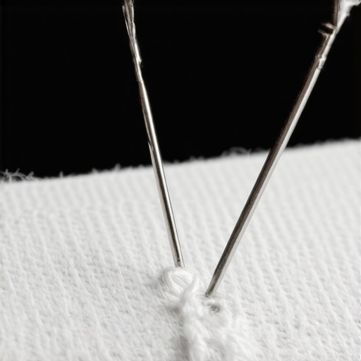 Close-up of a needle repairing a snag on a micro-perforated projector screen.
