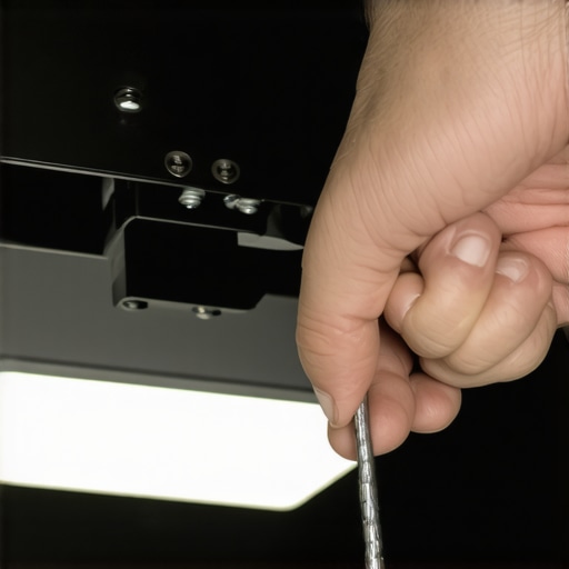 A hand using a tool to adjust a heavy-duty projector mount for perfect alignment.
