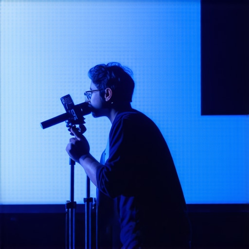 A technician using a measurement microphone to calibrate sound through an acoustically transparent screen.