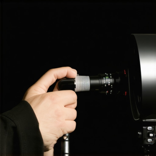 Technician cleaning a home theater projector lens with a professional blower tool