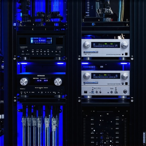 A clean and organized home theater AV rack with professional cable management and blue lighting.