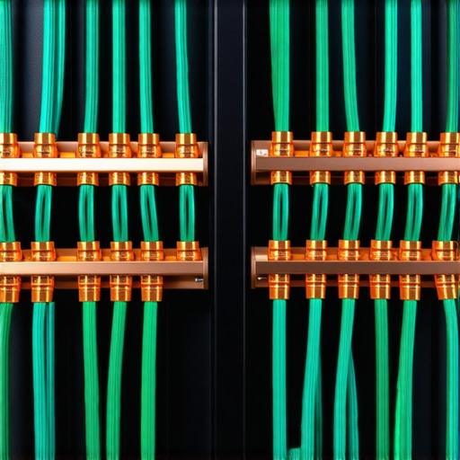 A copper bus bar with green ground wires connected to AV equipment for noise reduction.
