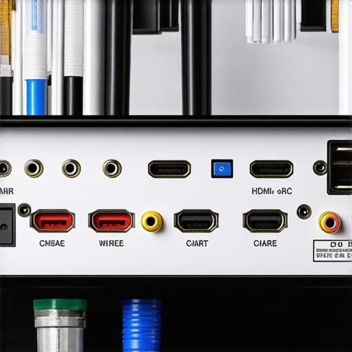 Close up of HDMI eARC and speaker connections on a home theater receiver