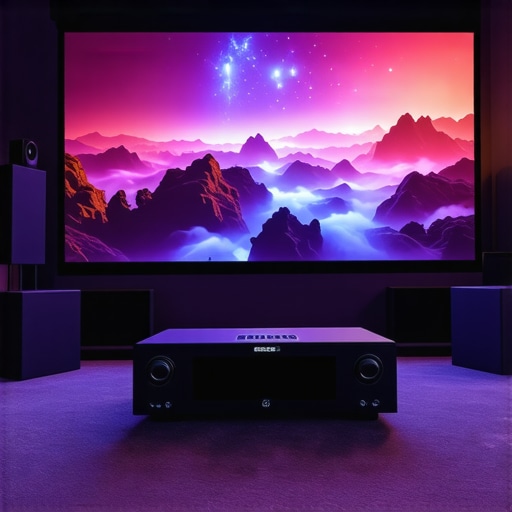 An expertly calibrated home theater room showing a high-end AV receiver and a large projection screen.