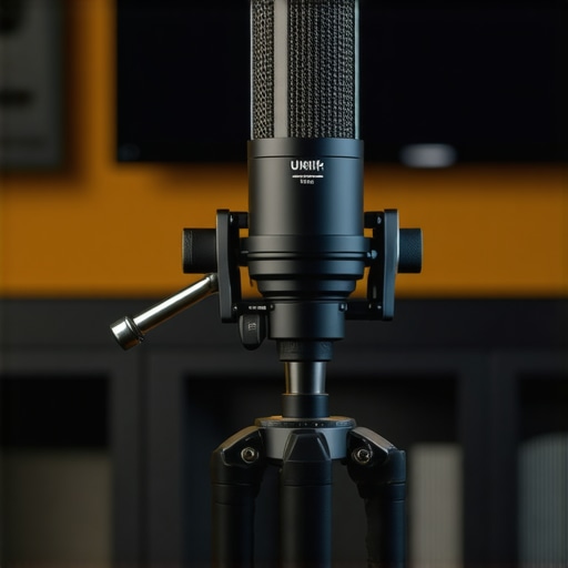 Professional Audio Calibration Microphone Setup A UMIK-1 microphone on a tripod for home theater audio measurement.