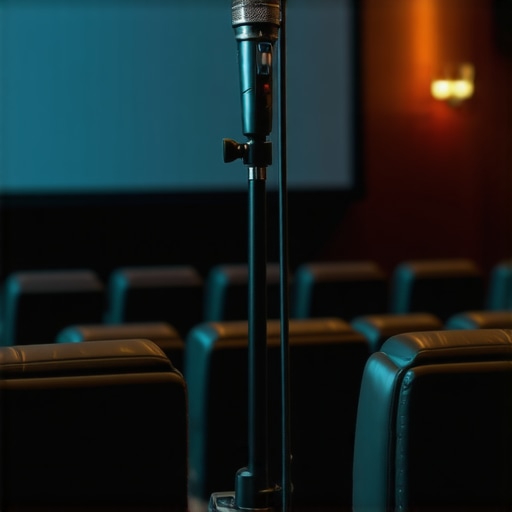 A calibration microphone on a tripod used for measuring home theater acoustics.