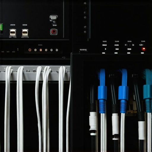 A neatly organized AV equipment rack with labeled cables and power conditioning.