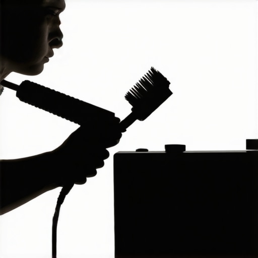Manual air blower and brush being used to clean a home theater projector lens.