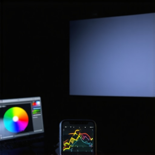 A technician using a colorimeter and laptop to calibrate a home theater projection screen for color accuracy.