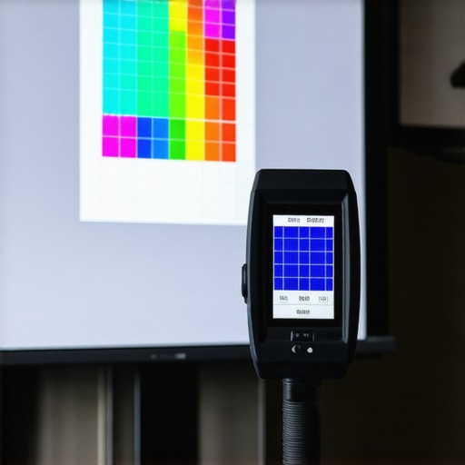Close-up of a colorimeter on a theater screen during calibration