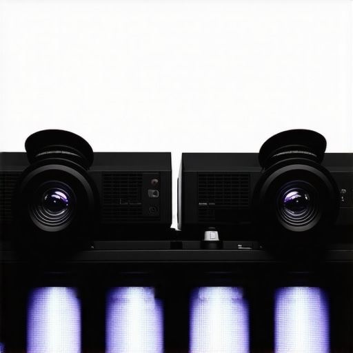 Close-up of a dual projector setup for passive 3D with polarizing filters