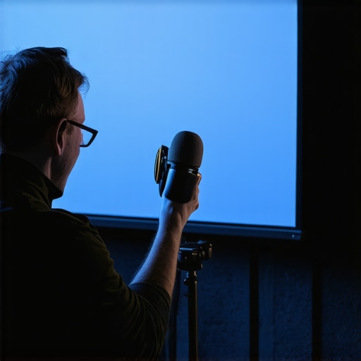 Technician using a microphone to calibrate home theater speakers for better dialogue clarity.