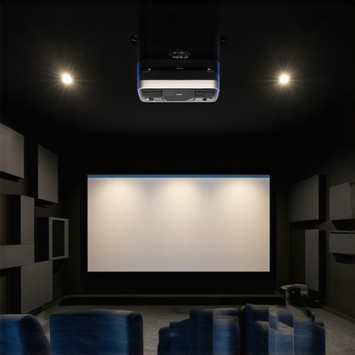 A home theater with a ceiling-mounted projector and a perfectly tensioned screen.