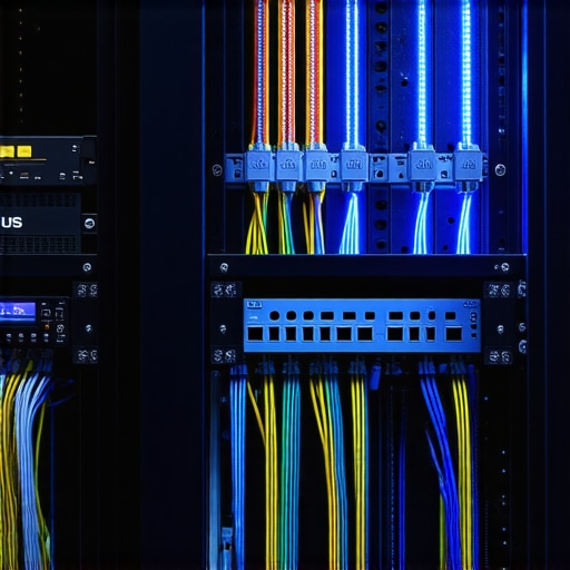 A clean and organized home theater electronics rack with power protection.