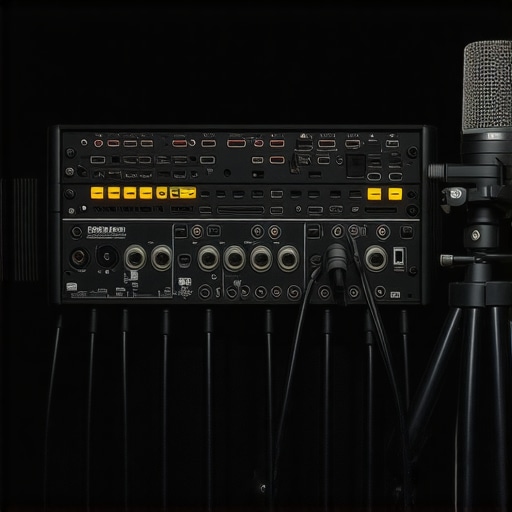 Professional Home Theater Audio Calibration Setup A high-end AV receiver being calibrated with a professional microphone in a home theater.