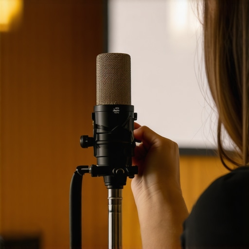 A professional measurement microphone set up on a tripod for calibrating a home theater room.