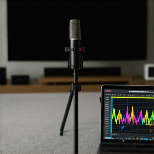 A UMIK-1 microphone and laptop being used for home theater room acoustic measurement.