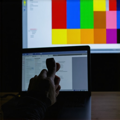 A specialist calibrating a home theater projector screen using a digital sensor.