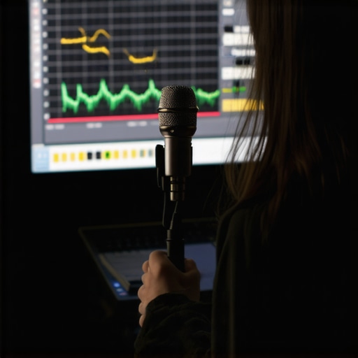 A person calibrating home theater audio using a measurement microphone and software.